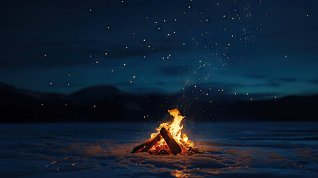 Campfire crackling on frozen lake ice, with a warm glow against a background of dark mountains and a sky filled with starsの素材