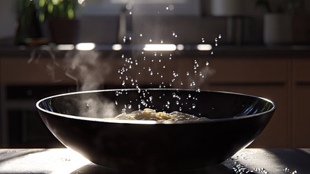 A black pan with spaghetti boiling, bubbling water, steam, and cozy kitchen ambiance, perfect for home cooking scenesの素材