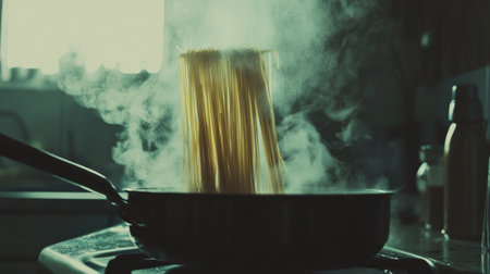 Black pan on stovetop with spaghetti strands boiling, steam rising, and bubbles, capturing a warm and inviting cooking sceneの素材