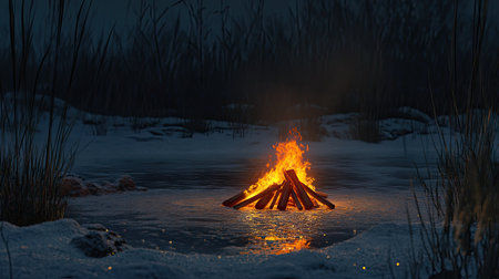 Campfire on a frozen lake at night, with the icy surface reflecting its glow, surrounded by untouched snow and silenceの素材