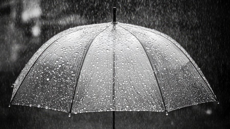 Close-up of water droplets on a clear umbrella, surrounded by intense rain and dark, reflective surfaces in the backgroundの素材