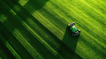 Close-up of a lawn mower cutting green grass, with neat rows left behind and bright sunlight casting shadows on the yardの素材