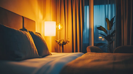 Cozy hotel room with soft lighting, modern decor, and a comfortable bed, ideal for a peaceful retreatの素材