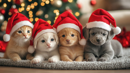Cute cat and puppies wearing red Christmas hats, sitting together on a cozy blanket with holiday decorations in the backgroundの素材