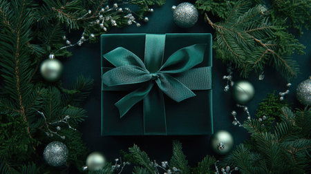 Close-up of a gift box with green velvet ribbon, among branches of cedar and delicate silver ornamentsの素材