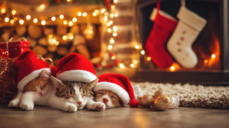 Festive scene of a cat and puppies in red Christmas hats, resting by a fireplace with stockings and holiday lightsの素材