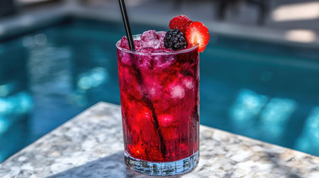 Close-up of a bright cocktail with a straw and fruit garnish by the poolside, with crystal-clear pool water at a resort, suggesting a tropical escapeの素材