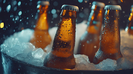 Close-up of chilled beer bottles in an ice-packed metal bucket, condensation droplets glistening, creating a perfect refreshment sceneの素材