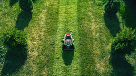 Close-up of lawn mower cutting fresh green grass, leaving a clean path in a sunny yard, perfect for a summer maintenance sceneの素材