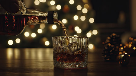 Dramatic shot of whiskey pouring into a tumbler, with a soft glow of bokeh lights in warm, festive colorsの素材