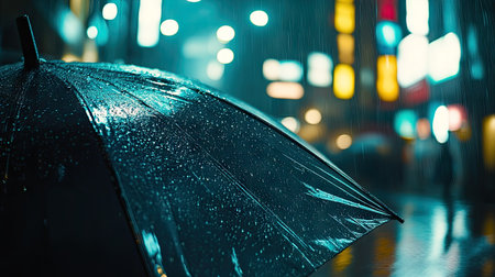 Close-up of raindrops on a clear umbrella, with heavy rain creating a misty background and subtle city lightsの素材