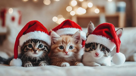 Cute cat and puppies in red Santa hats, posing with holiday decor and a soft, cozy background for a festive feelの素材