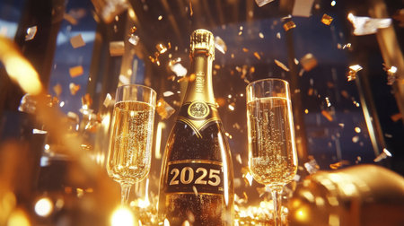 Festive golden champagne bottle and glasses with  decor, confetti, and golden lights, set for a luxurious New Year celebrationの素材