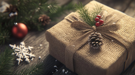 Close-up of a present tied with burlap ribbon and mistletoe, with rustic decor like pine branches and miniature snowflakes nearbyの素材