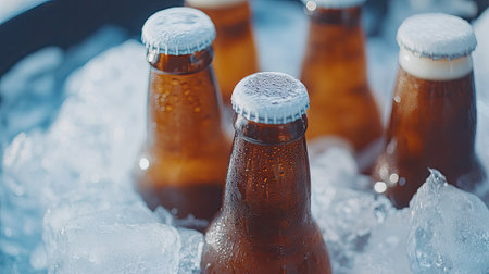 Close-up of frosty beer bottles chilling in a bucket of ice, condensation on the bottles, capturing the refreshing essence of summerの素材