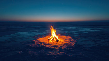 Cozy campfire on frozen lake ice, with orange glow illuminating the snowy surroundings, under a deep blue, starlit skyの素材