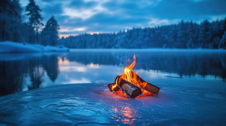 Crackling fire on the frozen lake under starlight, casting reflections on the icy surface with snow-dusted trees in the distanceの素材