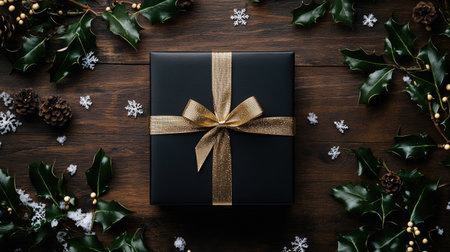 Elegant gift box with gold ribbon tied in a bow, surrounded by delicate holly branches and snowflakes on a rustic wooden tableの素材