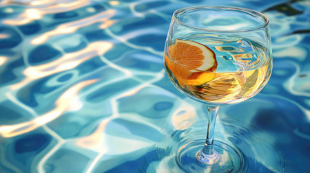 Exotic cocktail glass with a fruit slice on the edge of the pool at a luxury resort, with reflections in the clear, blue waterの素材