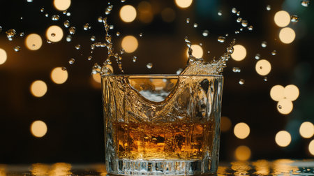 Close-up of golden whiskey splashing into a crystal glass, with elegant bokeh lights softly glowing behindの素材