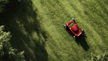 Green grass being cut by a red lawn mower, with fresh clippings scattered, showcasing a tidy, well-kept lawn under bright sunlightの素材