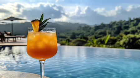 Glass of tropical cocktail with garnish on the pool edge, overlooking a clear pool and tropical scenery at a luxury resortの素材