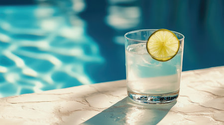 Glass of refreshing cocktail with a slice of lime on the edge of a resort pool, with reflections in the water, suggesting a tranquil vacationの素材
