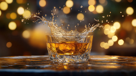 Golden whiskey splashing into a crystal glass, surrounded by blurred bokeh in deep, warm colors for a rich atmosphereの素材