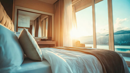 Modern hotel suite with a spacious bed, elegant decor, and large windows with a stunning view, providing a peaceful atmosphereの素材