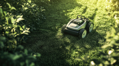 Lawnmower creating fresh, even paths in lush green grass, with clippings flying and the sun casting soft shadows, perfect for a sunny dayの素材