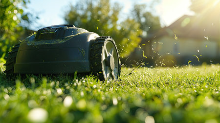 Lawnmower slicing through thick green grass in a backyard, leaving a clean trail and scattering fresh clippings, perfect for a sunny day sceneの素材