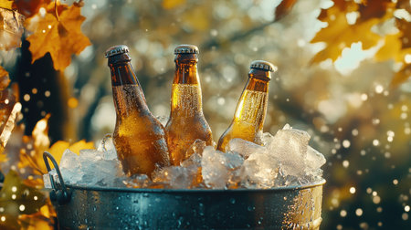 Metal bucket packed with ice and frosty beer bottles, perfect for a refreshing outdoor event, condensation adding to the cool vibeの素材