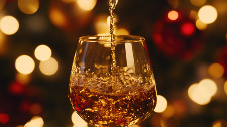 Pour of whiskey filling a tumbler, with blurred bokeh lights in red and gold hues for a festive ambianceの素材