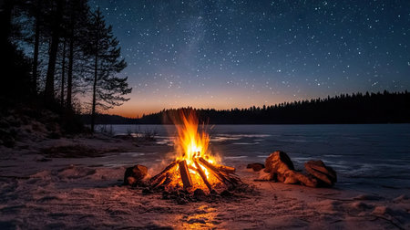 Night scene of a campfire on frozen lake ice, with golden flames reflecting under a blanket of stars and surrounded by snowy treesの素材