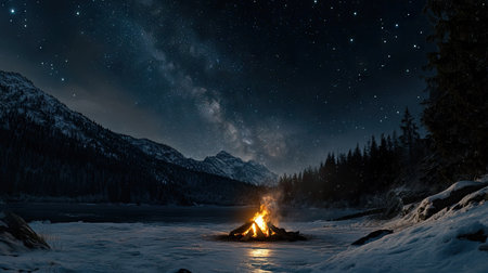 Small campfire on a frozen lake at night, surrounded by a snowy forest, with the Milky Way shining aboveの素材