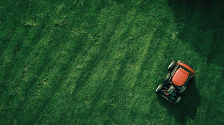 Person-free scene of lawn mower slicing through green grass, creating a perfectly manicured yard with precise linesの素材