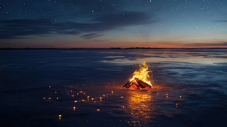 Small, inviting campfire on a frozen lake, casting warm light onto the ice and snow, with a peaceful starry night aboveの素材