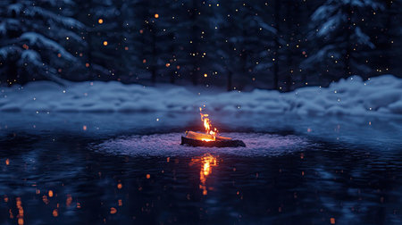 Small fire glowing on a frozen lake at night, reflecting on the icy surface, with a backdrop of snow-covered trees and twinkling starsの素材