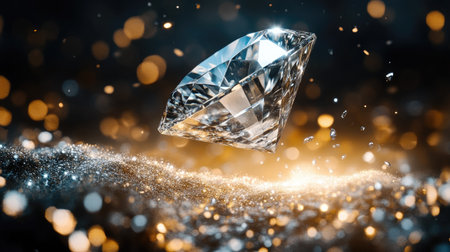 A shimmering diamond hovers above a surface, with silver diamond dust forming a radiant path beneath it.の素材