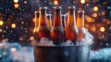 A selection of beer bottles chilled in a metal bucket of ice, with water droplets glistening, creating a perfect summer refreshment sceneの素材