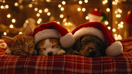 Festive cat and puppies wearing Santa hats, resting on a cozy bed with twinkling Christmas lights in the backgroundの素材