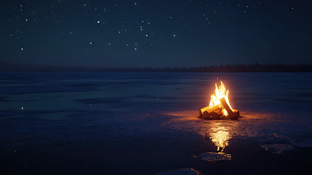 Small, inviting campfire on a frozen lake, casting warm light onto the ice and snow, with a peaceful starry night aboveの素材