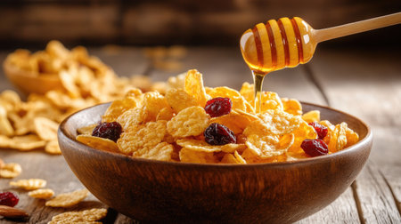 Honey cornflakes with dry fruits like cranberries, raisins, and almonds, topped with honey and set against a rustic wooden tableの素材