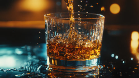 Golden whiskey poured into a glass, with a soft bokeh background and dark, moody lighting for a refined lookの素材