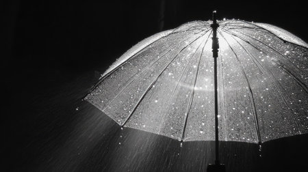 Clear umbrella protecting against a downpour, with raindrops scattering off the surface in a soft, diffused lightの素材