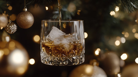 Pour of whiskey filling a glass with ice, surrounded by warm ambient lighting and soft, festive bokehの素材