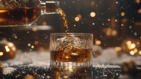 Pour of whiskey filling a glass with ice, surrounded by warm ambient lighting and soft, festive bokehの素材
