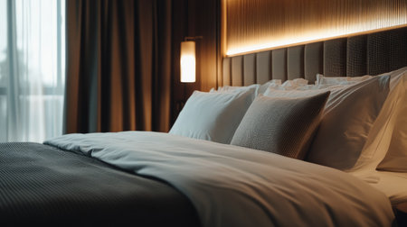 Hotel bedroom with a large bed, luxurious bedding, and soft lighting, evoking a sense of warmth and comfortの素材