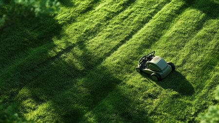 Push mower gliding over green grass, creating neat rows and fresh clippings, capturing a perfect lawn care sceneの素材