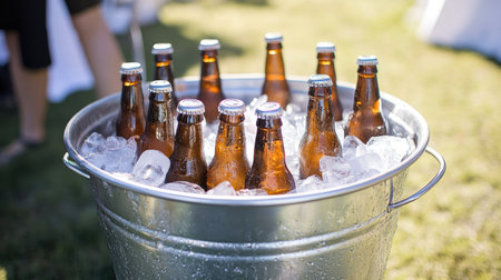 Metal bucket filled with ice and chilled beer bottles, condensation adding a refreshing touch, ready for a warm outdoor gatheringの素材
